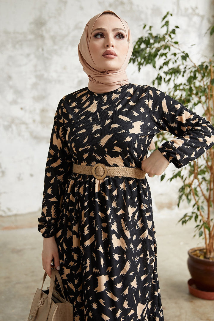 MDS Women Rena Straw Belted Patterned Dress - Black - Fremont