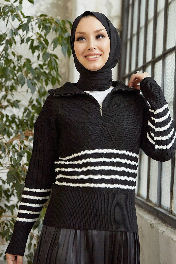 MDS Women Sova Neck Zippered Striped Knit Sweater - Black - Sherbrooke