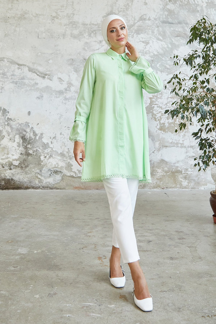 MDS Women Button-Detailed Shirt with Tied Cuff - Water Green - Beckenham