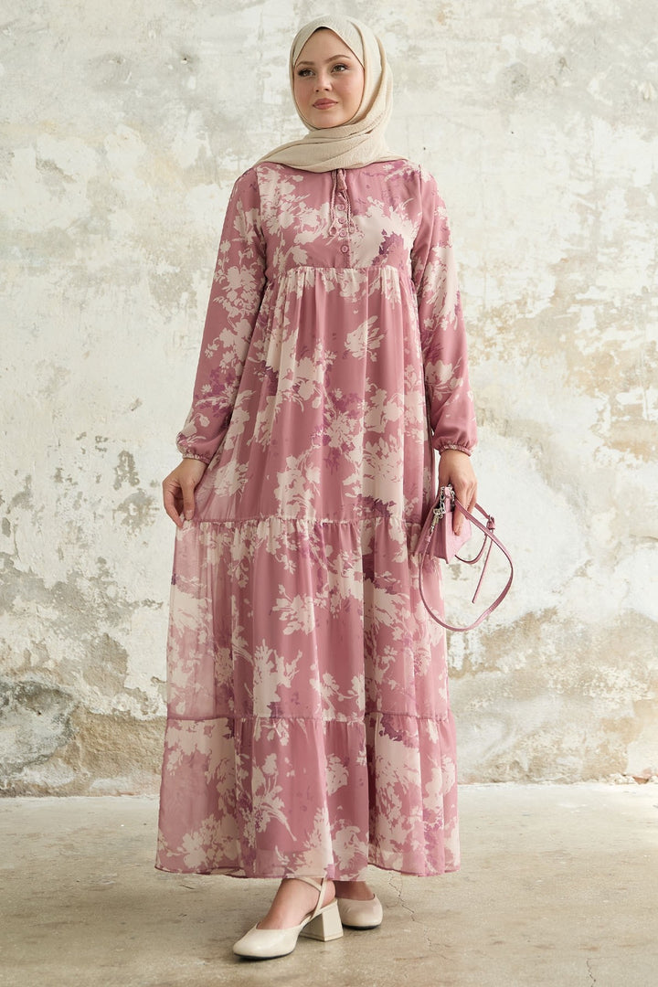 MDS Women Leaf Pattern Front Tasseled Rose Dry Chiffon Dress - Bitterfeld