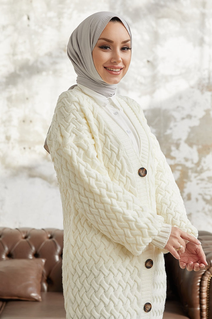 MDS Women Arene Long Braided Buttoned Cardigan - White - O Fallon