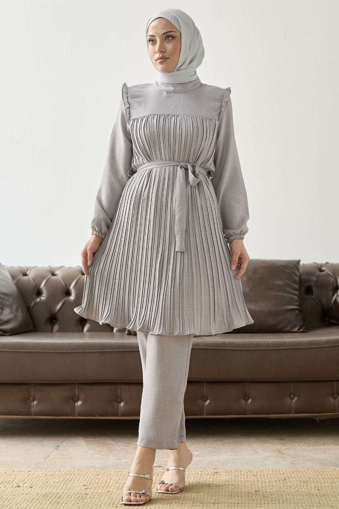 MDS Women Front Ruffled Frill Detail Set - Gray - Sagunto