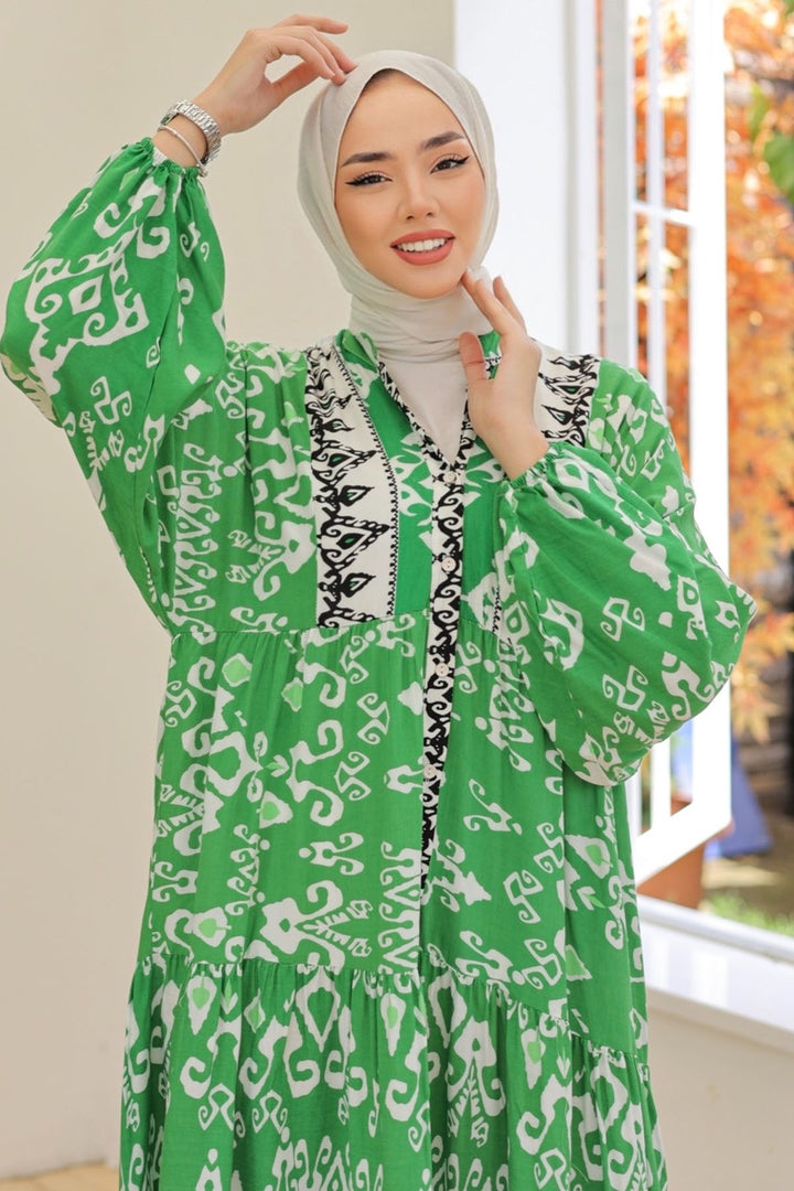 MDS Women Buttoned Loose Patterned Green Viscose Dress - Cedar Rapids