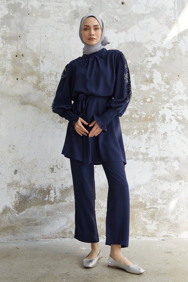 MDS Women Stone Detailed Balloon Sleeve Satin Set - Navy Blue - Wheaton