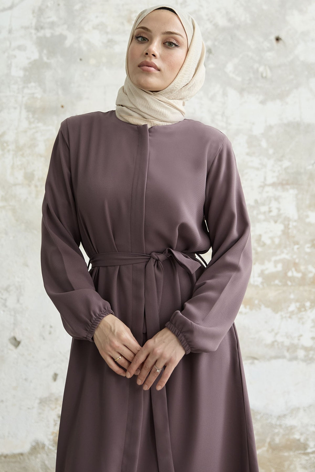 MDS Women Belted Honeycomb Fabric Abaya - Rose Pink - Lehrte