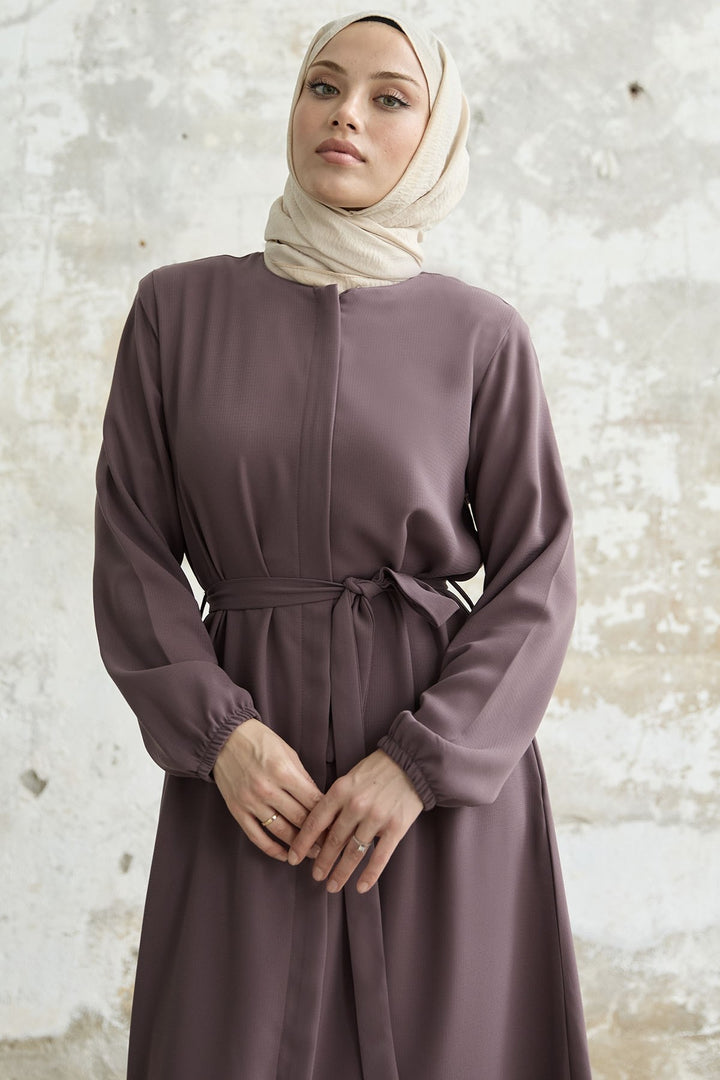 MDS Women Belted Honeycomb Fabric Abaya - Rose Pink - Lehrte