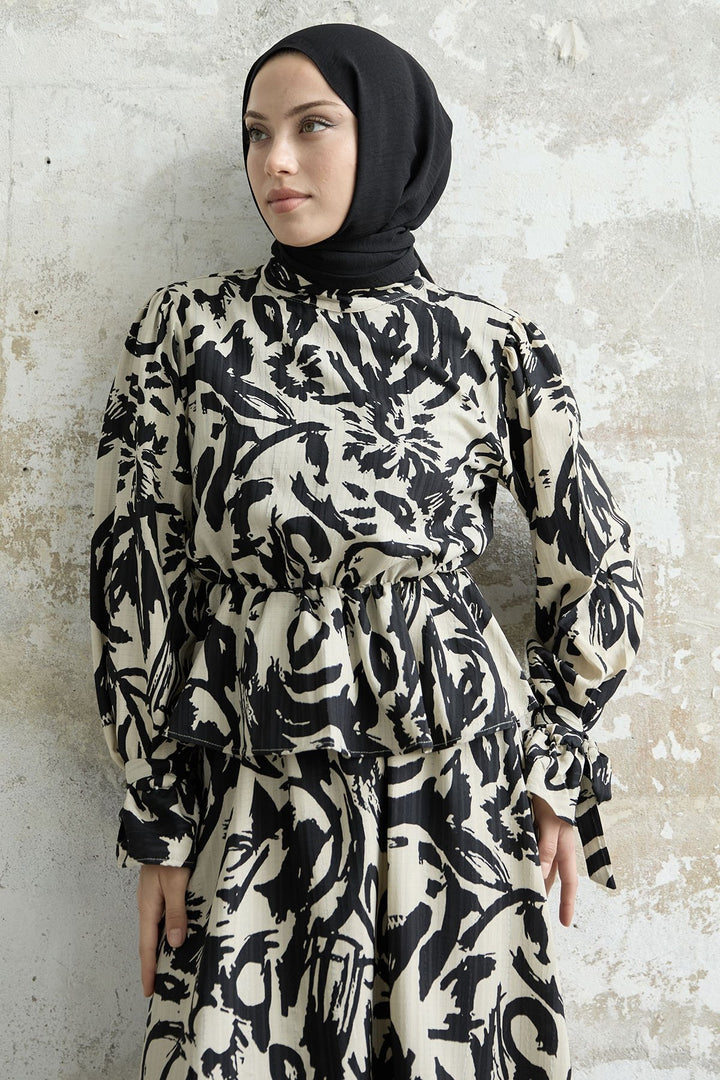 MDS Women Sleeve Tied Patterned Skirt Suit - Black - Beveren