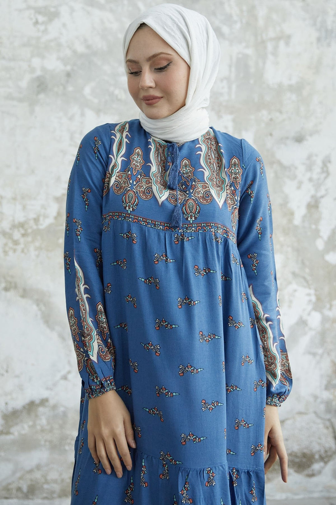 MDS Women Viscose Dress with Tie Collar Pattern - Indigo - Florence-Graham
