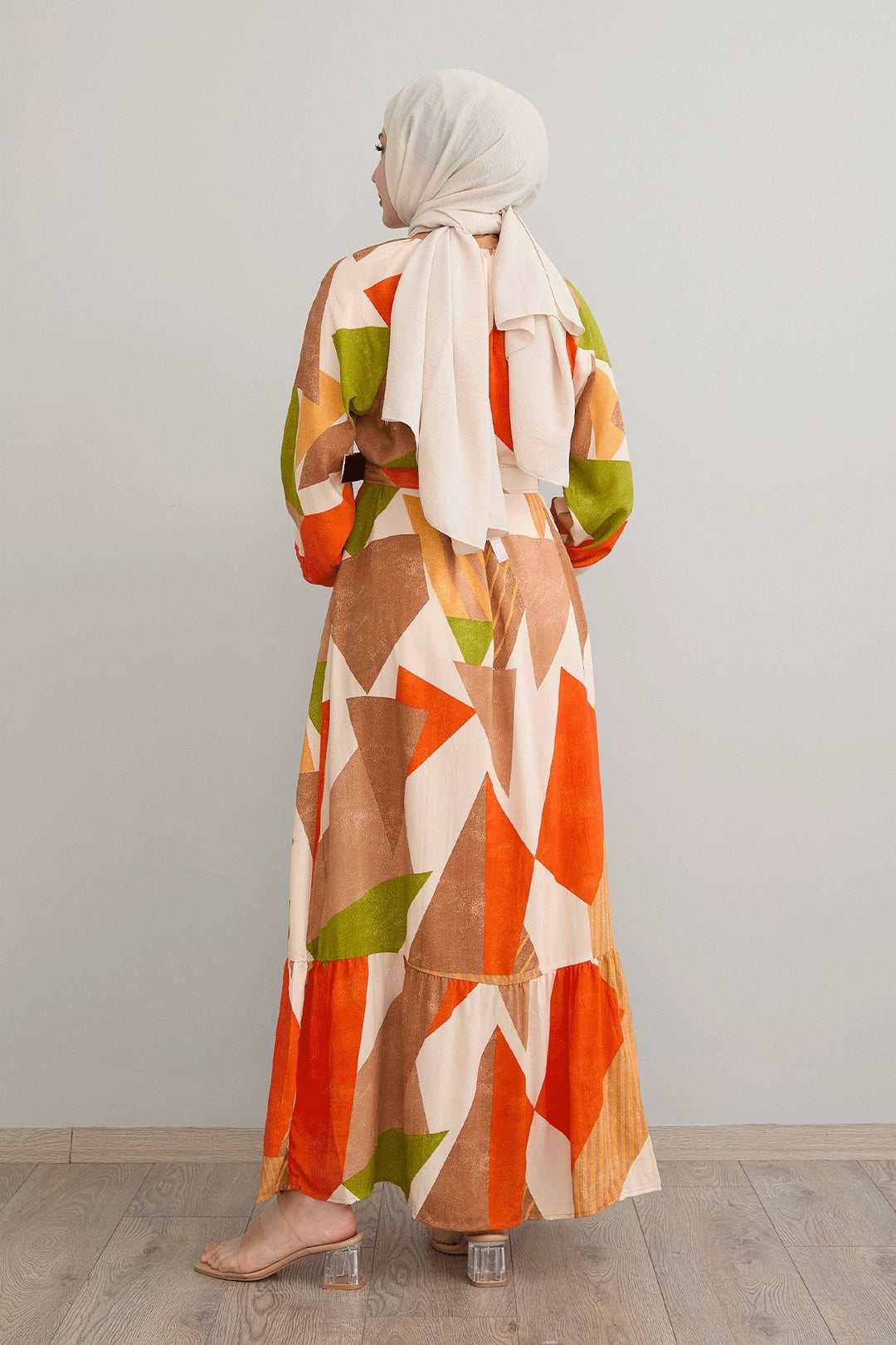 MDS Women Geometric Patterned Belted Orange Viscose Dress - Heroica Matamoros