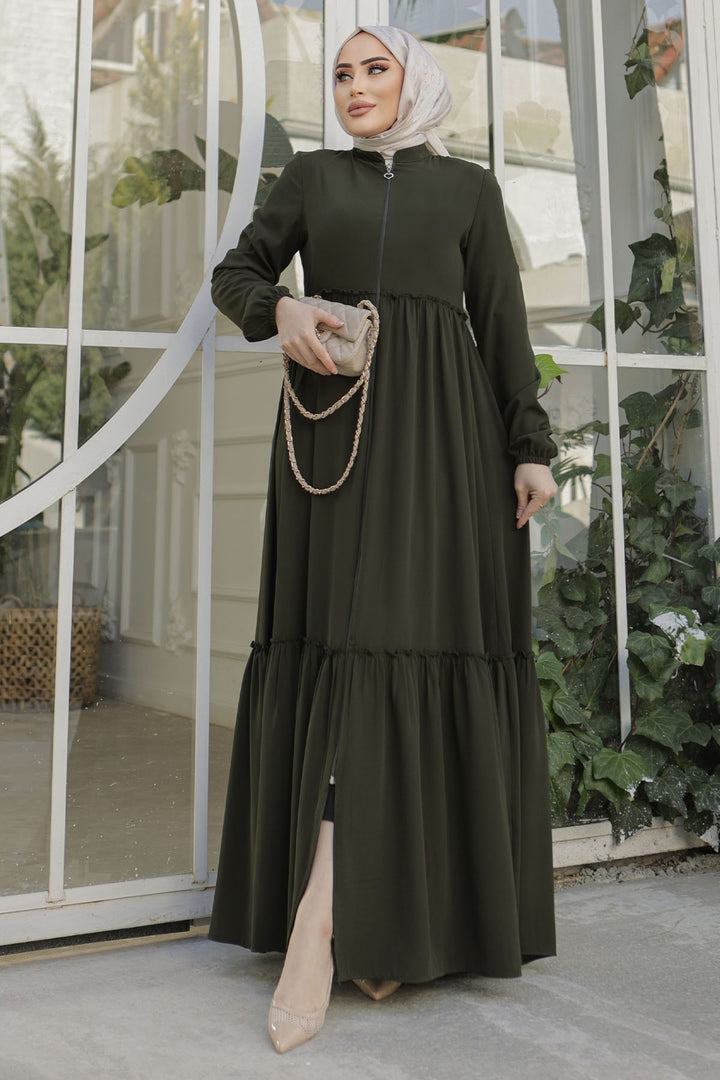 MDS Women Pleated Detail Zippered Abaya - Khaki - Orange