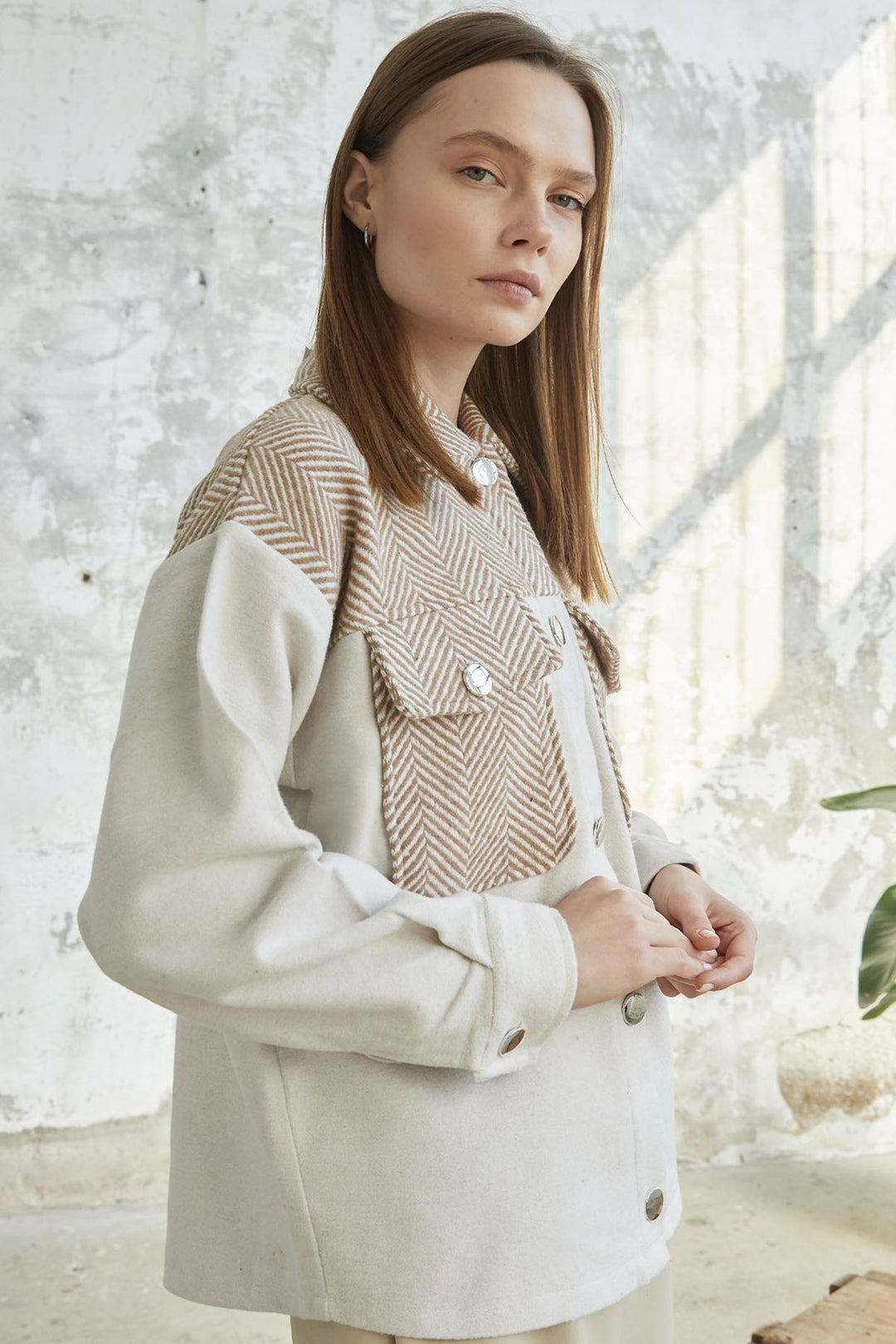 MDS Women Herringbone Patterned Pocketed Coat - Ecru - Chemnitz