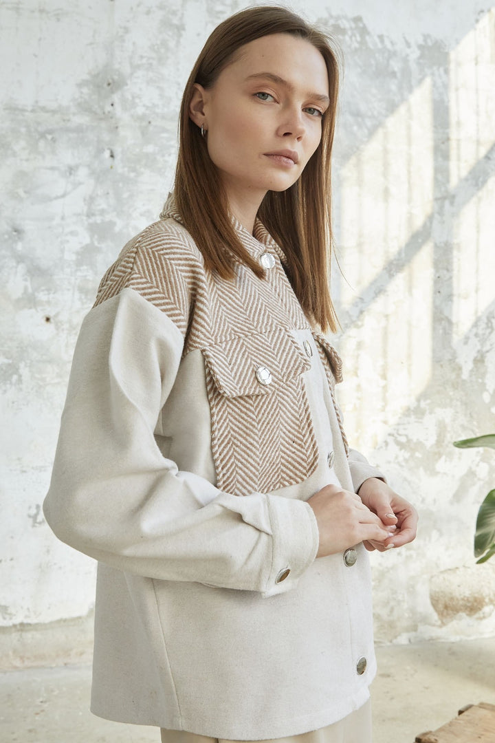 MDS Women Herringbone Patterned Pocketed Coat - Ecru - Chemnitz