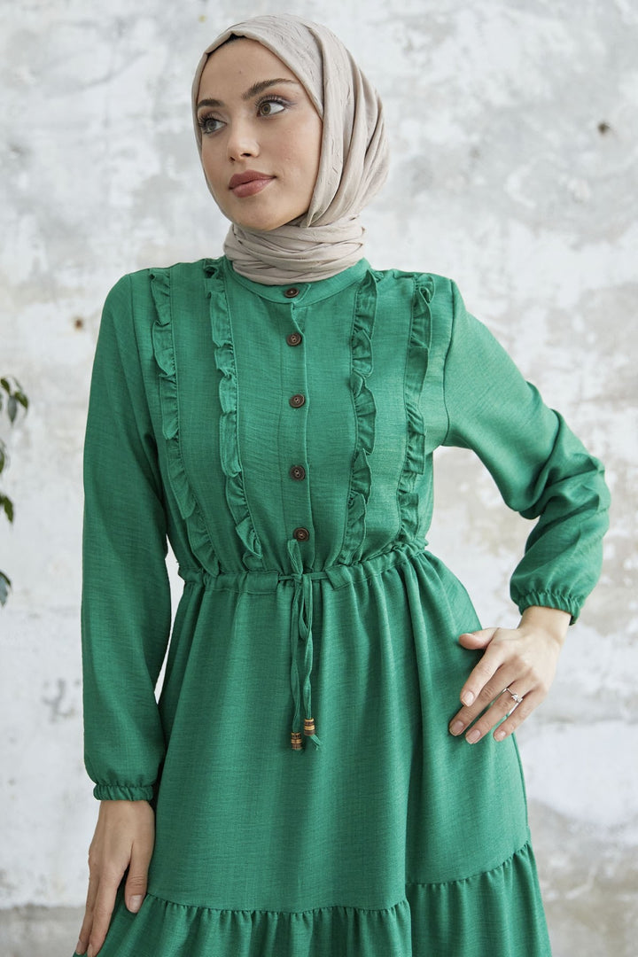 MDS Women Frilled Detail Buttoned A-line Dress - Green - Santa Cruz