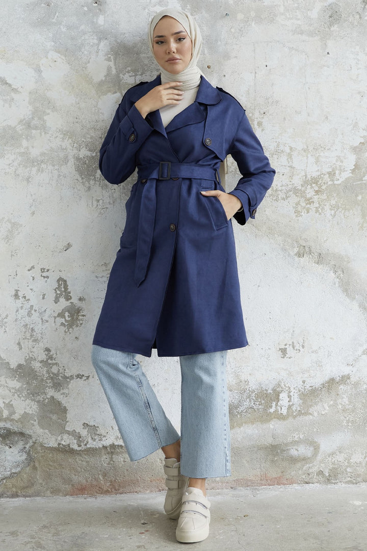 MDS Women Minka Belted Scuba Diving Trench - Navy - Romny