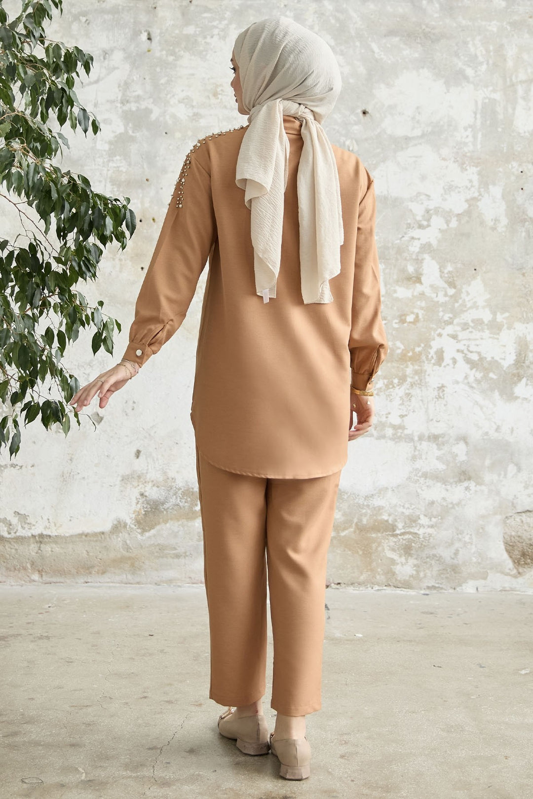MDS Women Linen Set with Embroidery - Camel - Neuilly-sur-Seine