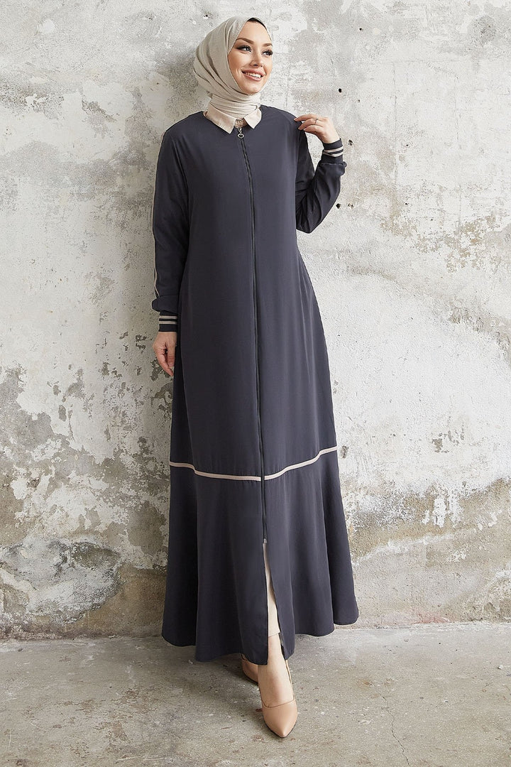 MDS Women Hazel Striped Patterned Abaya - Smoke Gray - Haverhill