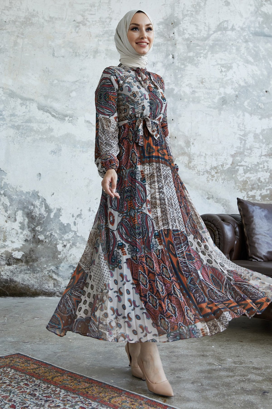 MDS Women Elinor Shawl Patterned Chiffon Dress - Terracotta - Worksop