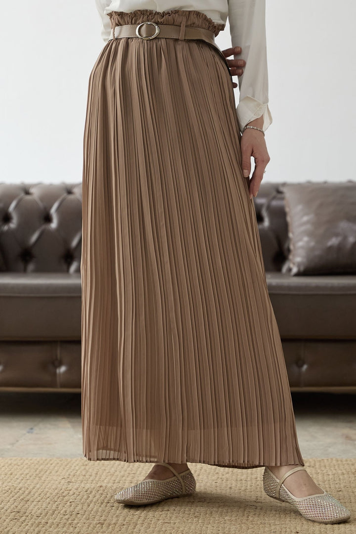 MDS Women Belted Waist Ruched Chiffon Skirt - Camel - Kozáni