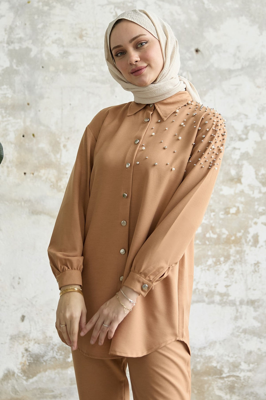 MDS Women Linen Set with Embroidery - Camel - Neuilly-sur-Seine