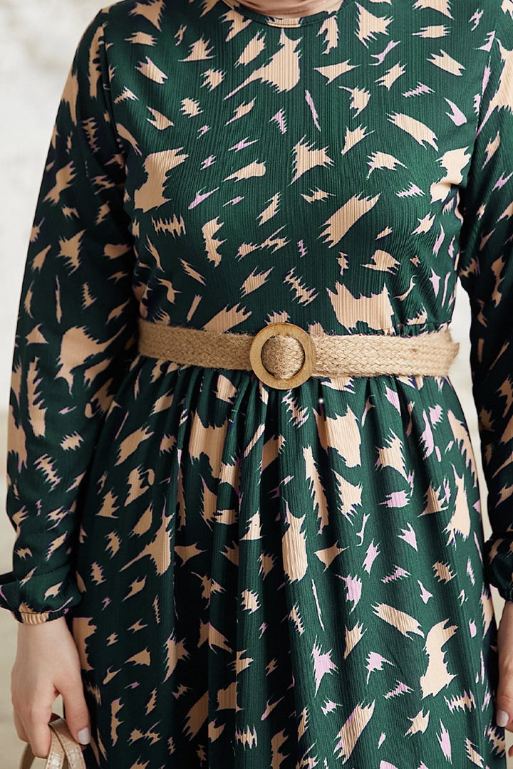MDS Women Rena Straw Belted Patterned Dress - Petrol Green - Temple City
