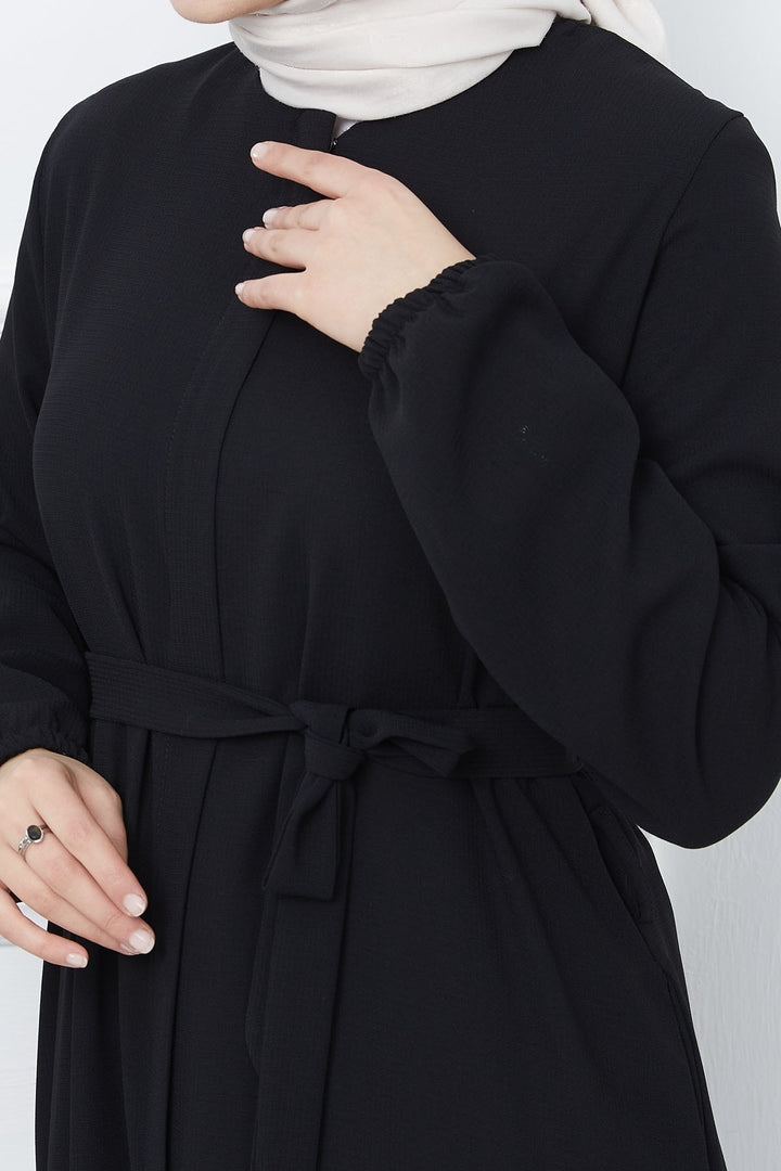 MDS Women Belted Honeycomb Fabric Abaya - Black - Huauchinango