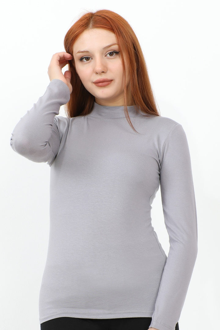 MDS Women Long Sleeve Fisherman Collar Basic Bodysuit - Grey - Wentzville