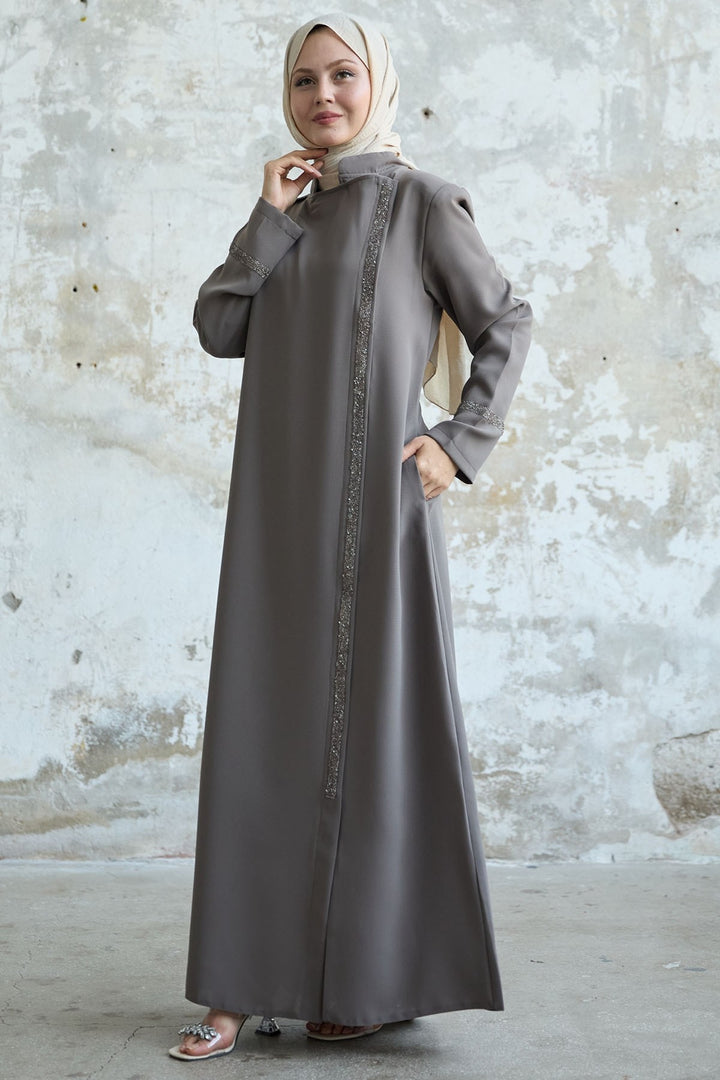 MDS Women Beige Abaya with Stone-embellished Collar and Front Scarf - Altrincham