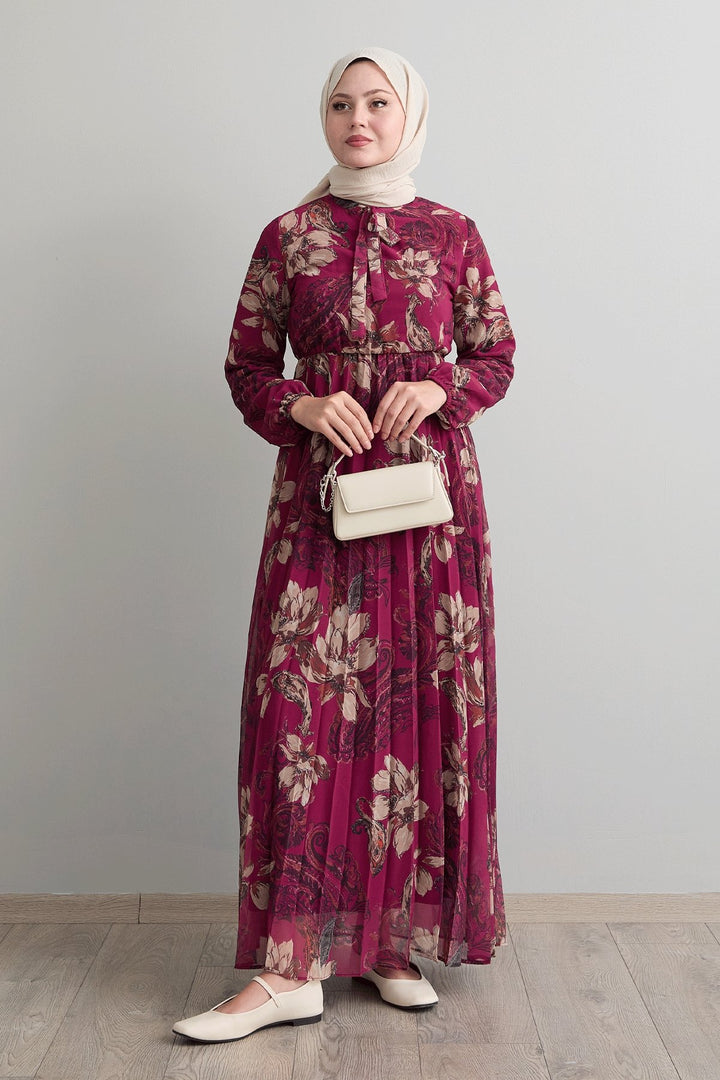 MDS Women Serena Flower Patterned Pleated Fuchsia Chiffon Dress - Swindon