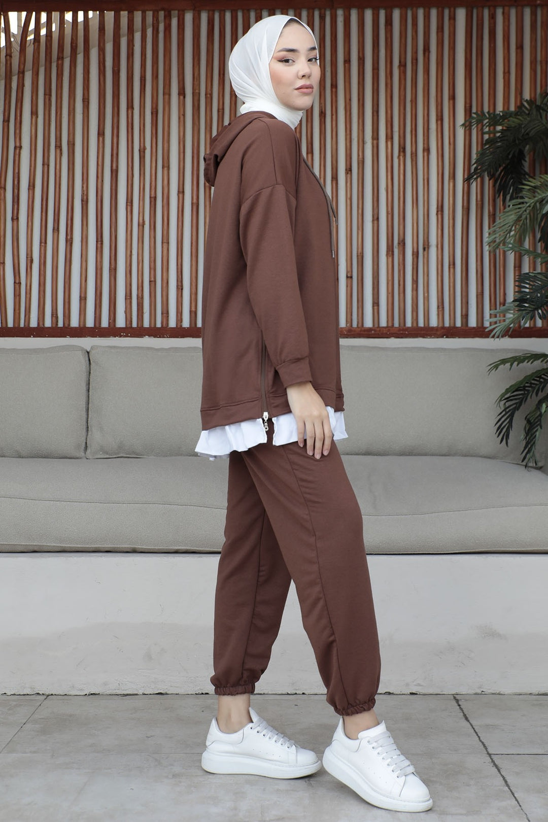 MDS Women Losya Sides Zippered Hooded Two Piece Set - Dark Brown - Cambridge