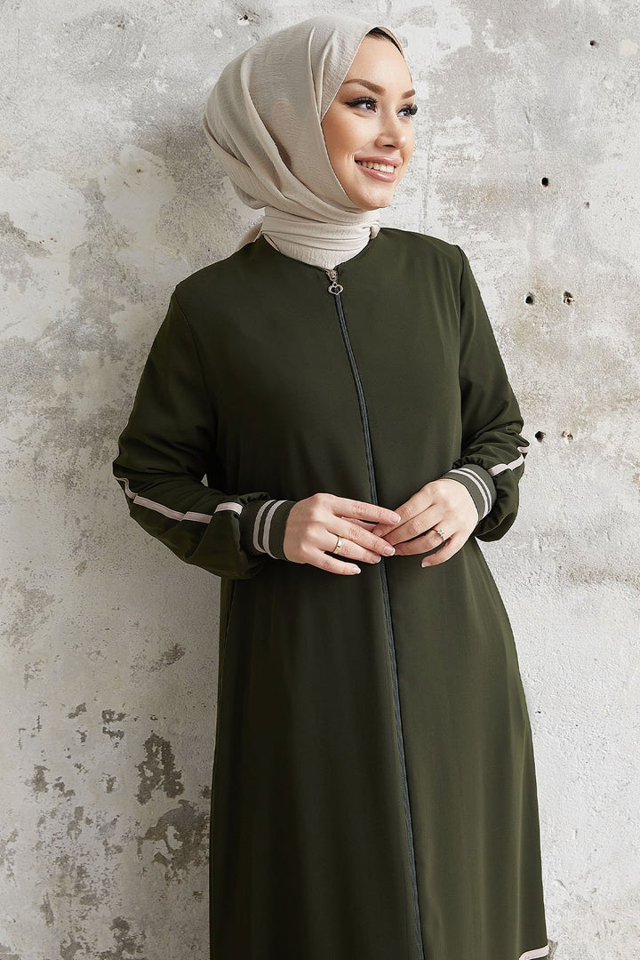 MDS Women Hazel Striped Patterned Abaya - Khaki - Petaluma