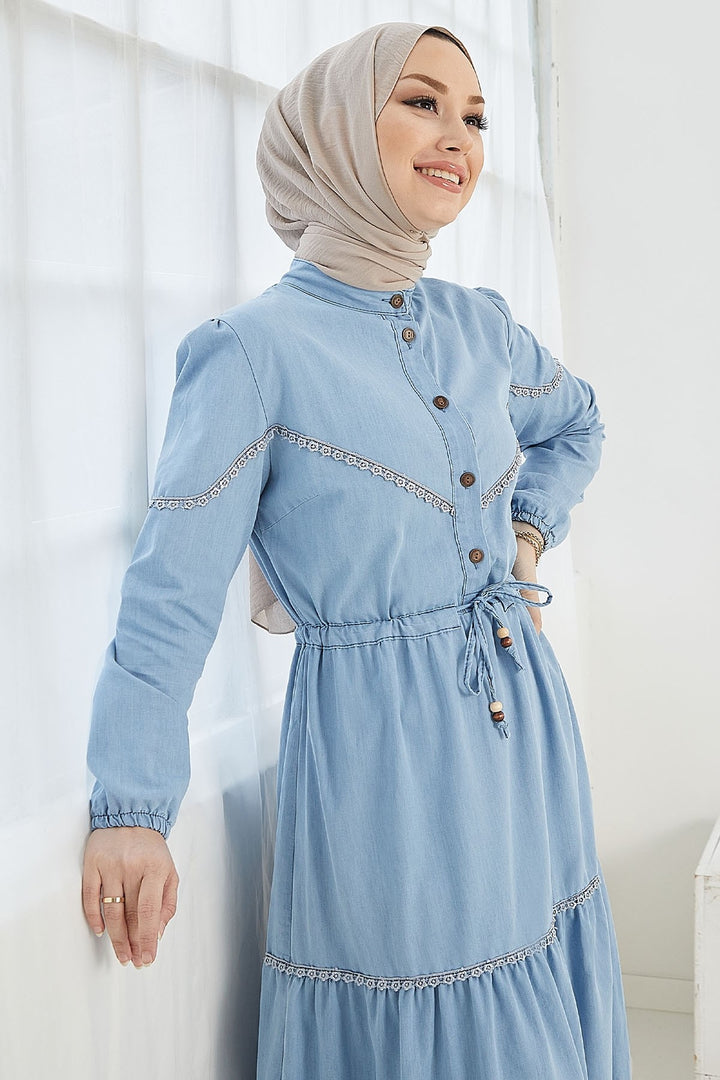 MDS Women Kayla Lace Detail Denim Dress - Light Blue - Mitcham