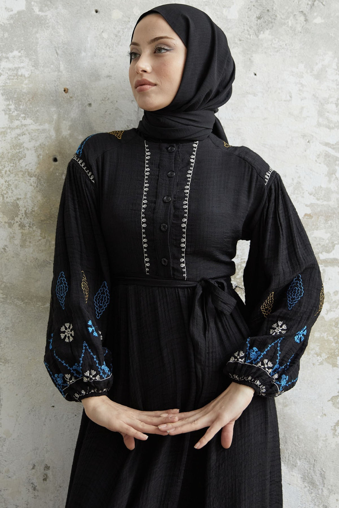 MDS Women Waffle Dress with Embroidered Sleeve - Black - Golden Glades