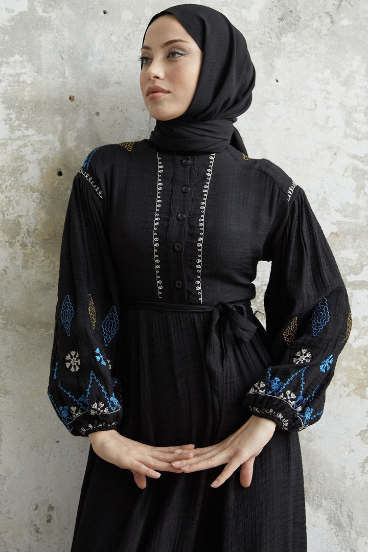 MDS Women Waffle Dress with Embroidered Sleeve - Black - Golden Glades