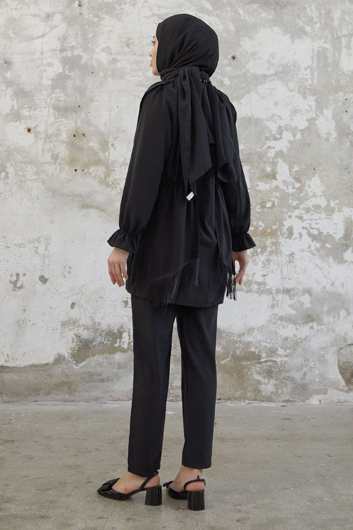 MDS Women Tassel Detail Stone Crepe Set - Black - Uman