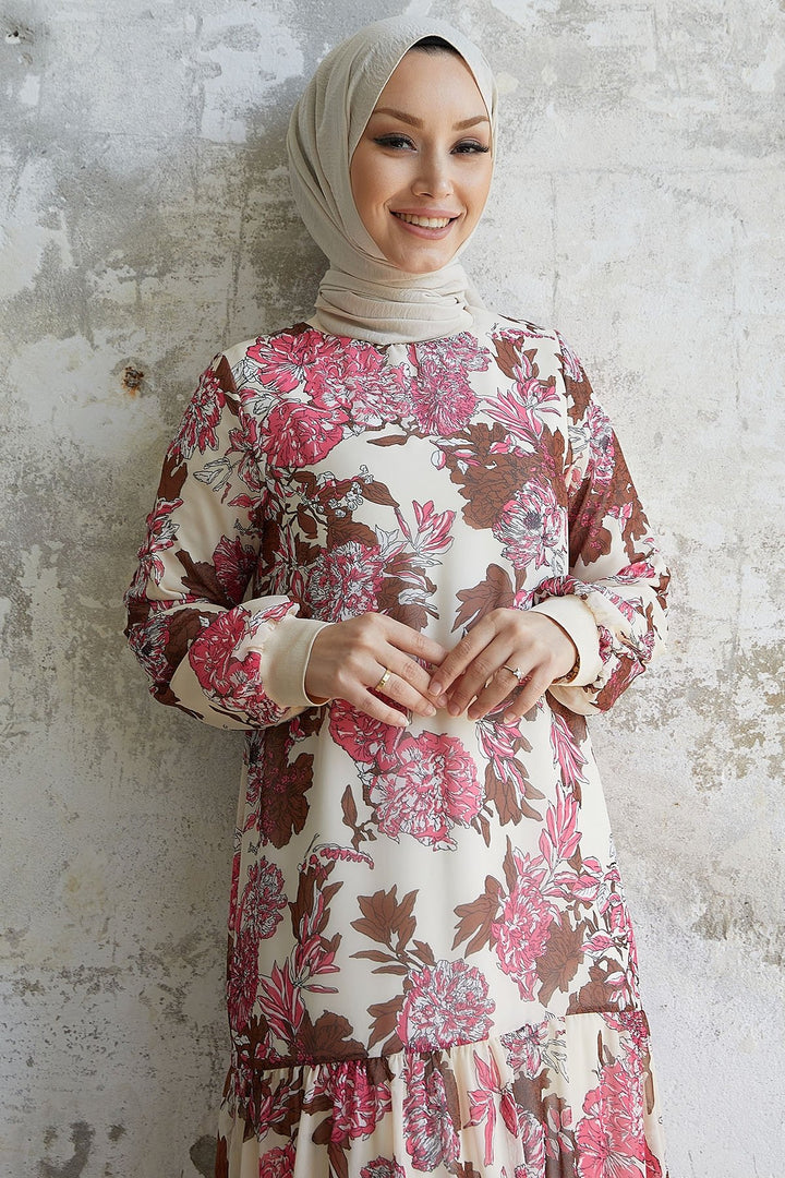 MDS Women Revina Flower Patterned Ruffle Chiffon Dress - Ecru - Santa Catarina Otzolotepec