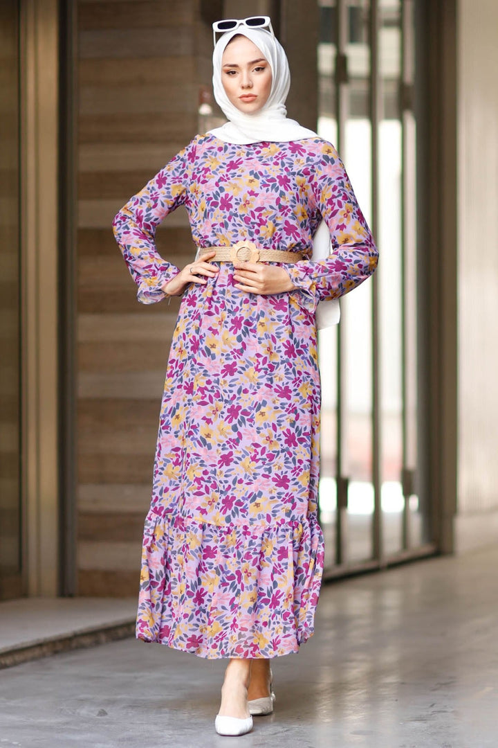 MDS Women Leaf Pattern Chiffon Dress - Lilac - Perpignan