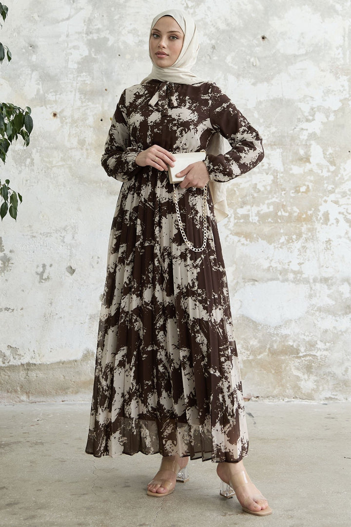 MDS Women Diva Collar Belted Pleated Chiffon Dress - Khaki - Groningen