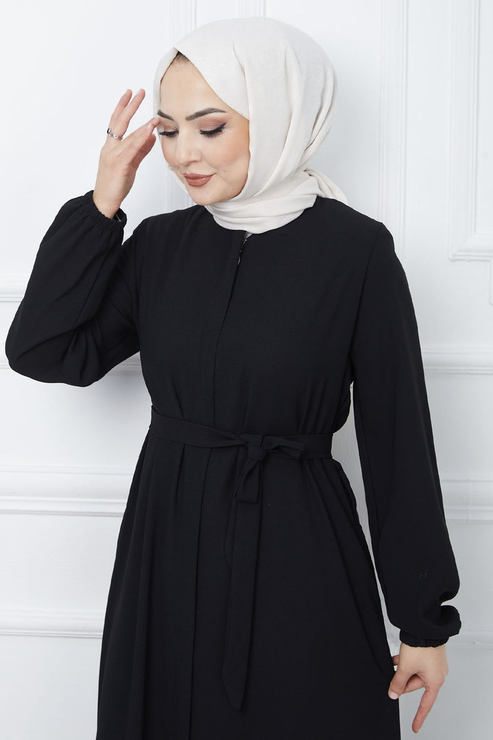 MDS Women Belted Honeycomb Fabric Abaya - Black - Huauchinango
