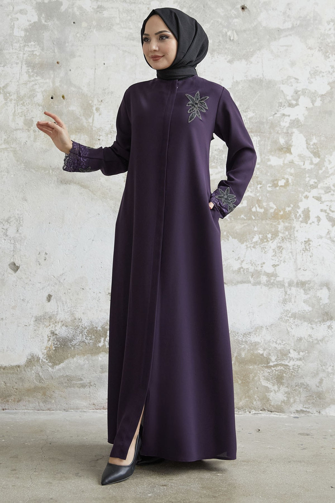 MDS Women Sleeve Flower Stone Abaya - Purple - Doral