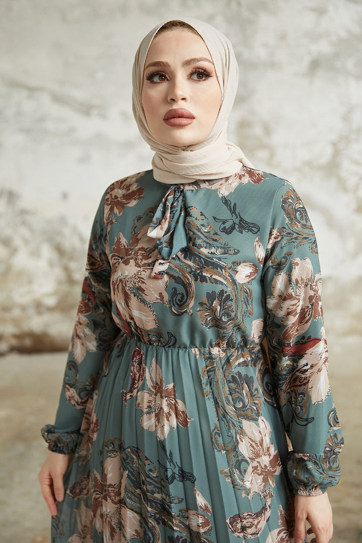MDS Women Serena Flower Pattern Pleated Chiffon Dress - Petrol Green - Veenendaal