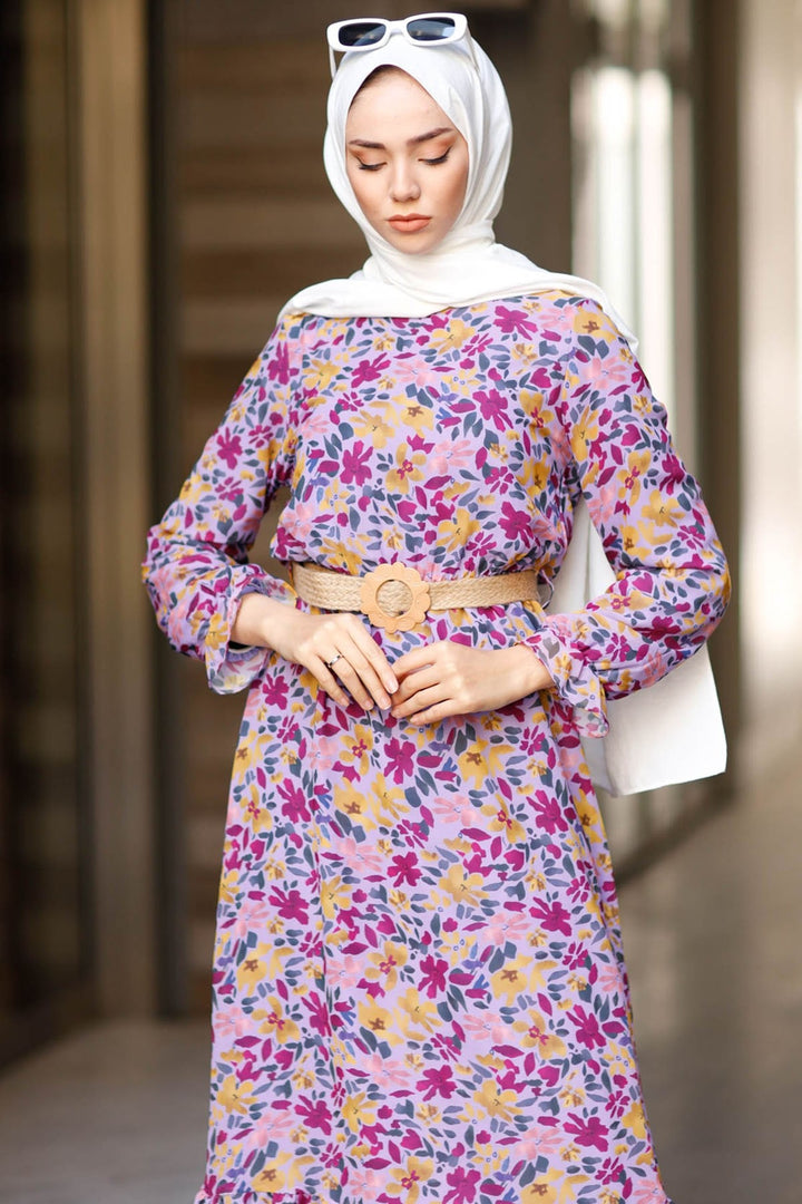 MDS Women Leaf Pattern Chiffon Dress - Lilac - Perpignan