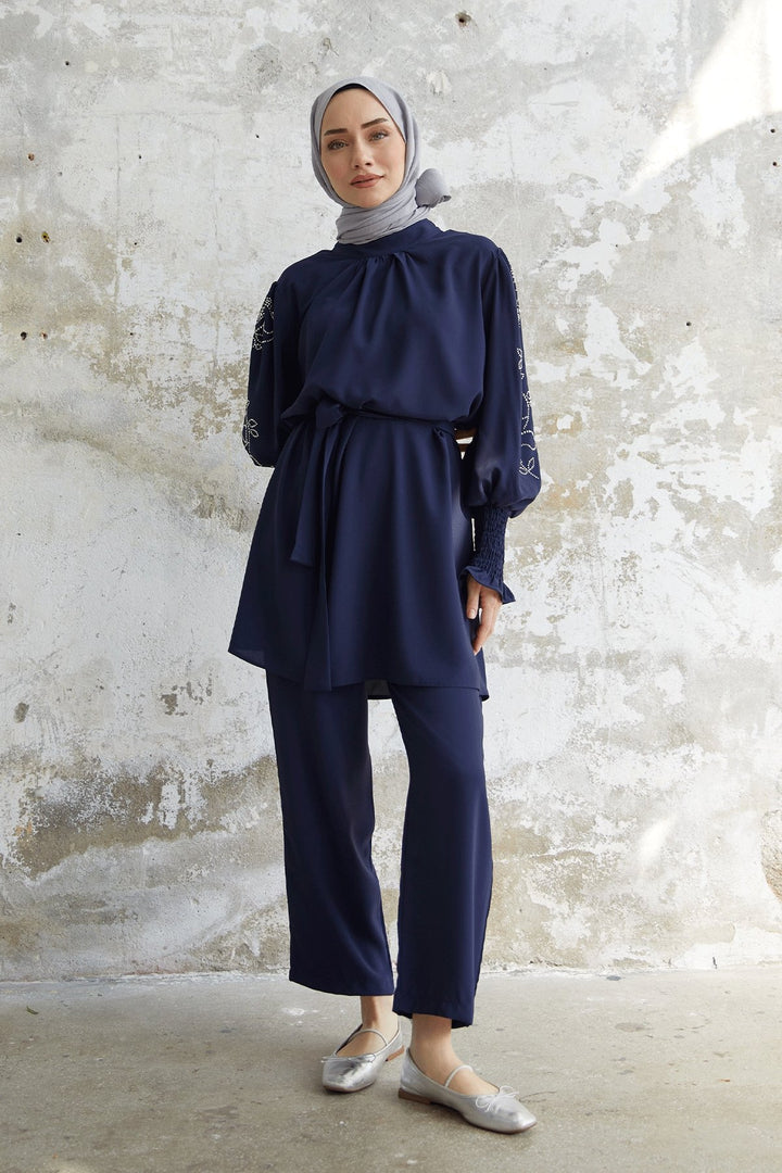 MDS Women Stone Detailed Balloon Sleeve Satin Set - Navy Blue - Wheaton