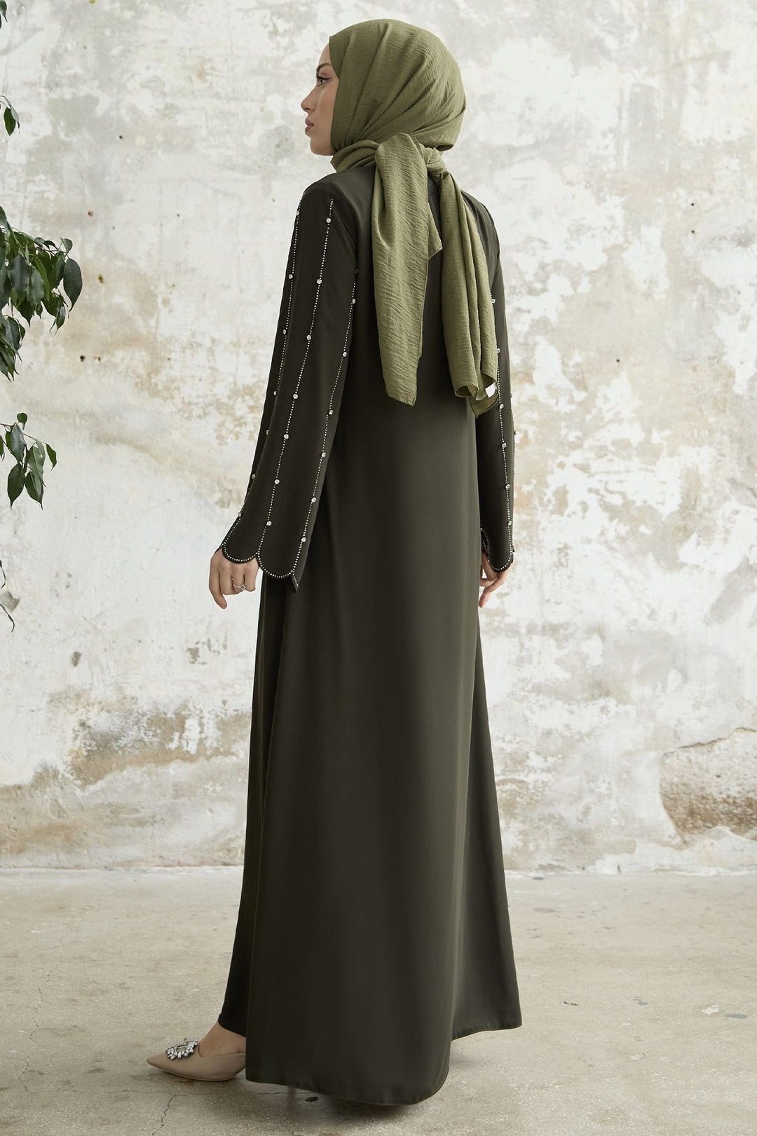 MDS Women Stone-Embroidered Sleeve Abaya - Khaki - San Adrián de Besós