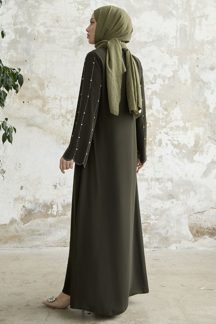 MDS Women Stone-Embroidered Sleeve Abaya - Khaki - San Adrián de Besós