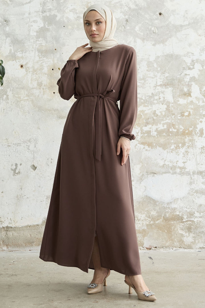 MDS Women Belted Honeycomb Fabric Abaya - Brown - Grenoble