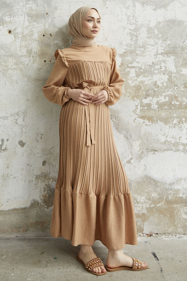 MDS Women Ruffle Trim Linen Dress with Puff Sleeves - Camel - Overland Park
