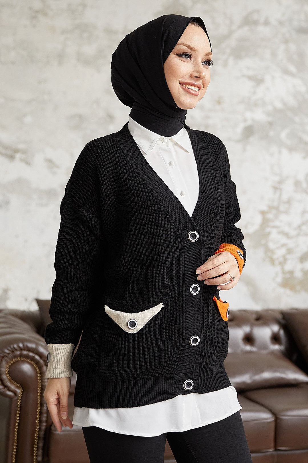 MDS Women Buttoned Pocket and Sleeve Knit Cardigan - Black - Waterloo