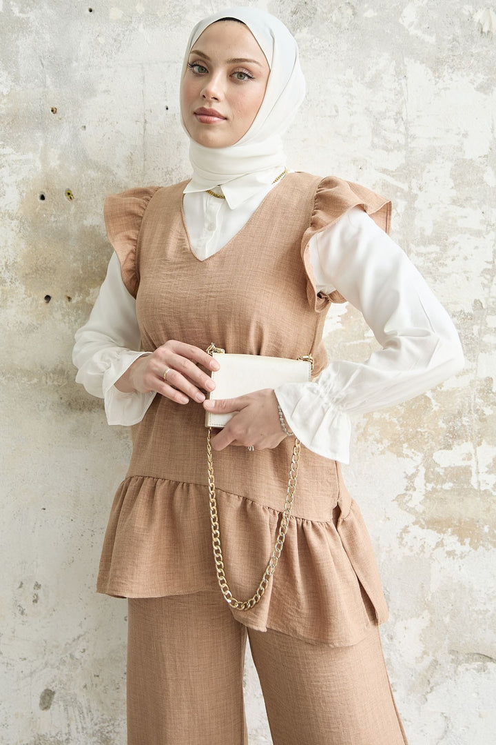 MDS Women Ruffled Shoulder Three Piece Set - Camel - Ilioúpoli