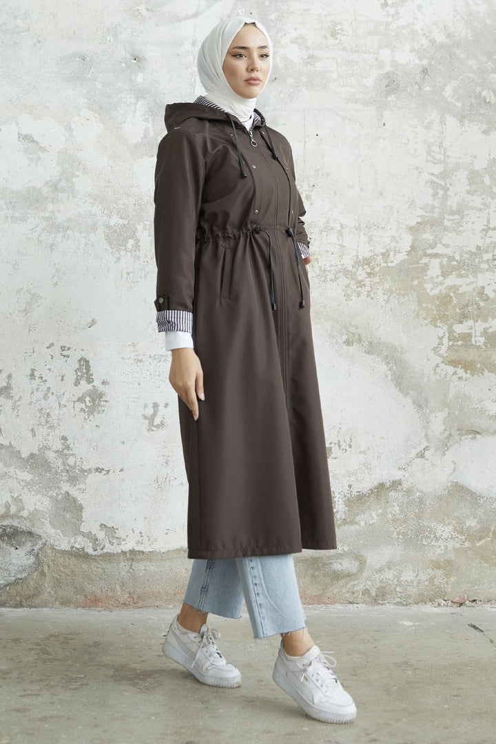 MDS Women Striped Patterned Long Trench Coat - Bitter Brown - Saint Albans