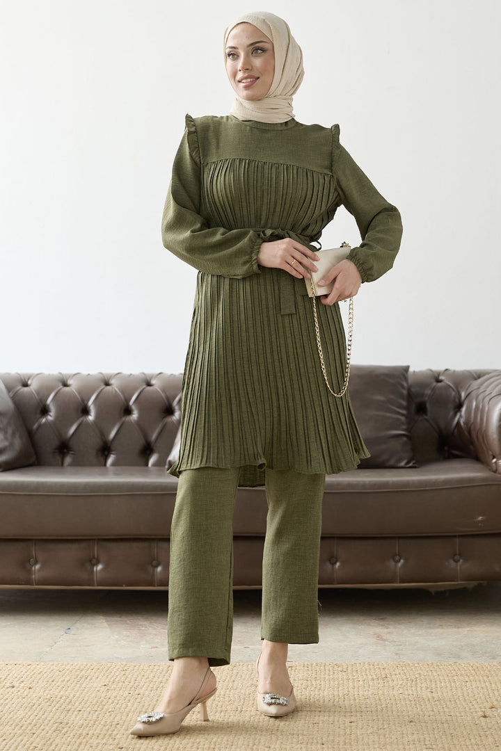 MDS Women Front Pleated Ruffle Detail Set - Khaki - Neumarkt